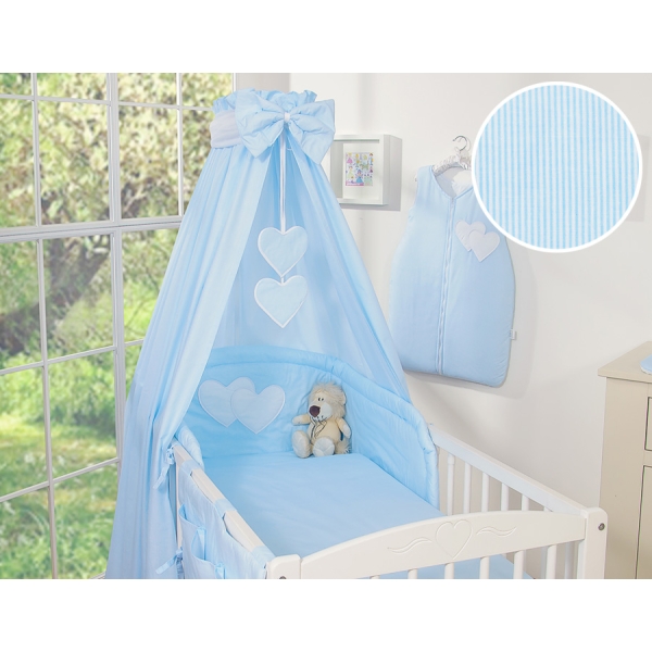 Set Lenzuolo Culla con Baldacchino 7 parti Blu a Strisce Cuori