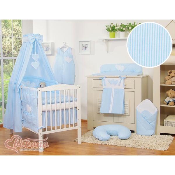 Set Lenzuolo Culla con Baldacchino 7 parti Blu a Strisce Cuori