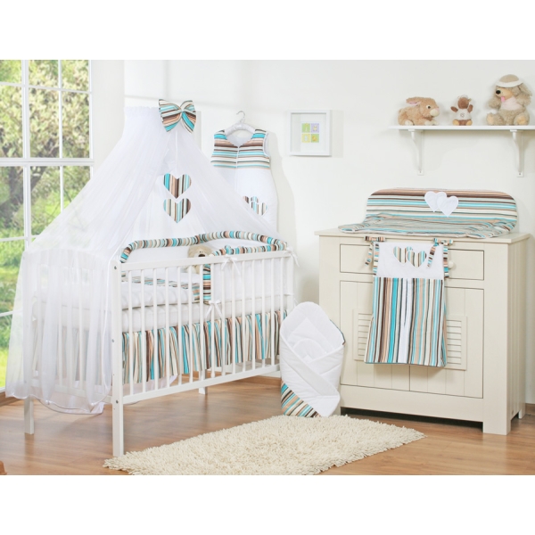 Set Lenzuolo Culla con Zanzariera 7 parti a Strisce Cuori