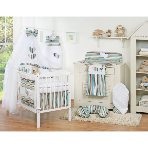 Set Lenzuolo Culla con Zanzariera 7 parti a Strisce Cuori