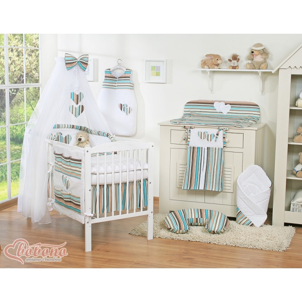 Set Lenzuolo Culla con Zanzariera 7 parti a Strisce Cuori