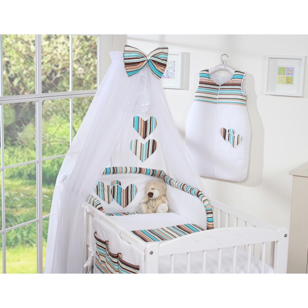 Set Lenzuolo Culla con Zanzariera 7 parti a Strisce Cuori