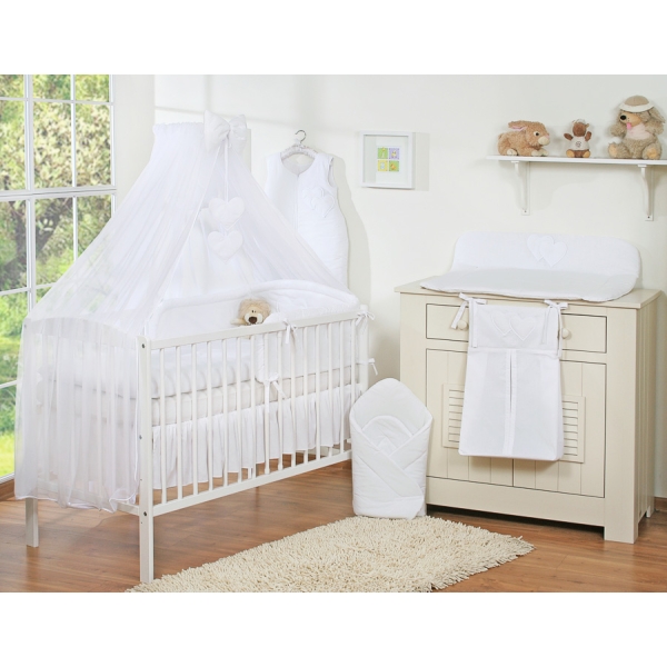 Set Lenzuolo Culla con Zanzariera 7 parti Bianca Cuori