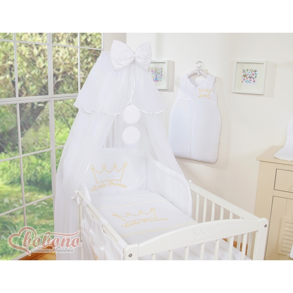 Set Lenzuolo Culla con Zanzariera 7 parti Bianca Little Prince/Princess