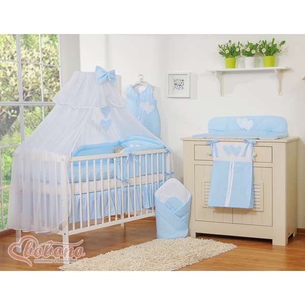 Set Lenzuolo Culla con Zanzariera 7 parti Blu a Strisce Cuori