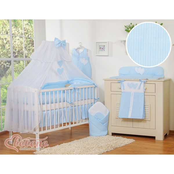 Set Lenzuolo Culla con Zanzariera 7 parti Blu a Strisce Cuori