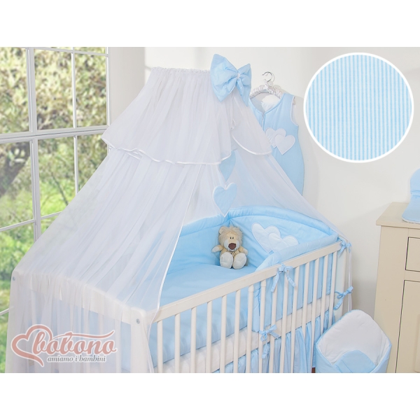Set Lenzuolo Culla con Zanzariera 7 parti Blu a Strisce Cuori