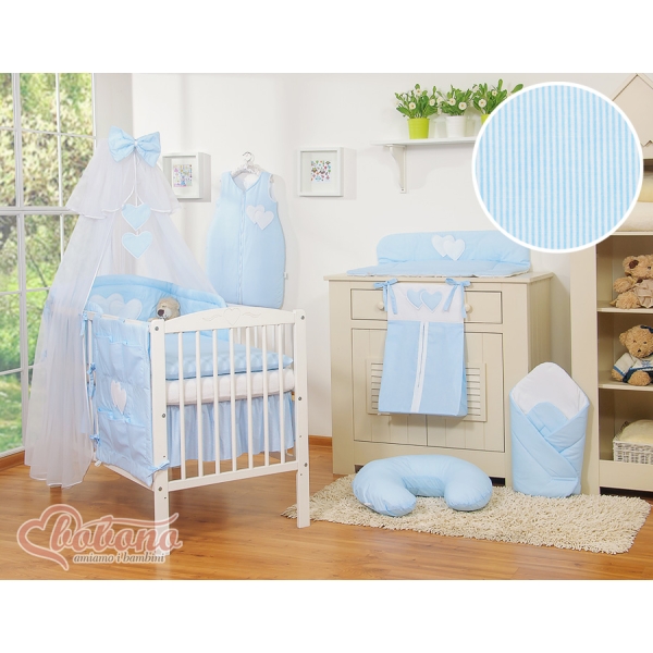 Set Lenzuolo Culla con Zanzariera 7 parti Blu a Strisce Cuori