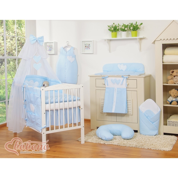 Set Lenzuolo Culla con Zanzariera 7 parti Blu a Strisce Cuori