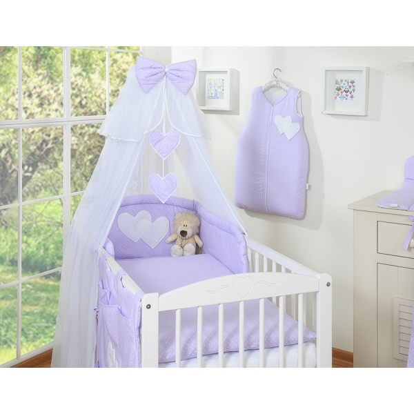 Set Lenzuolo Culla con Zanzariera 7 parti Lilla Pois Bianchi Cuori