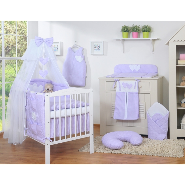 Set Lenzuolo Culla con Zanzariera 7 parti Lilla Pois Bianchi Cuori