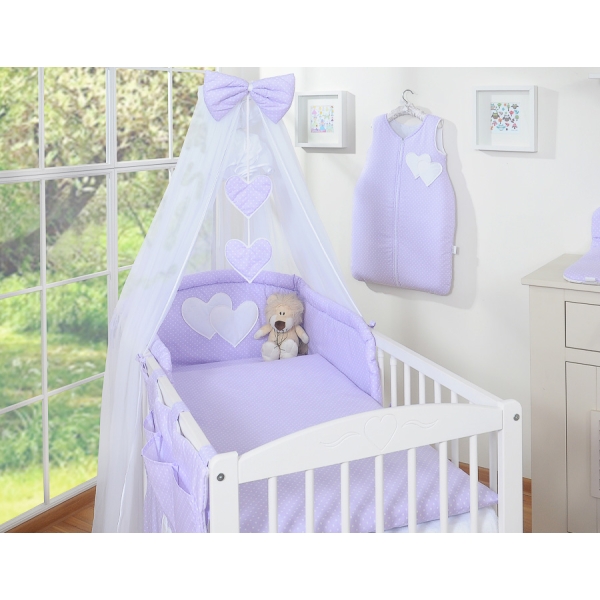 Set Lenzuolo Culla con Zanzariera 7 parti Lilla Pois Bianchi Cuori