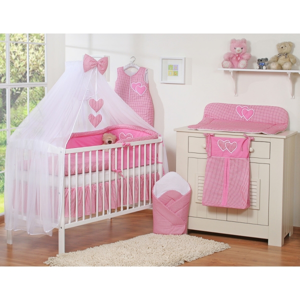 Set Lenzuolo Culla con Zanzariera 7 parti Rosa a Scacchi Cuori