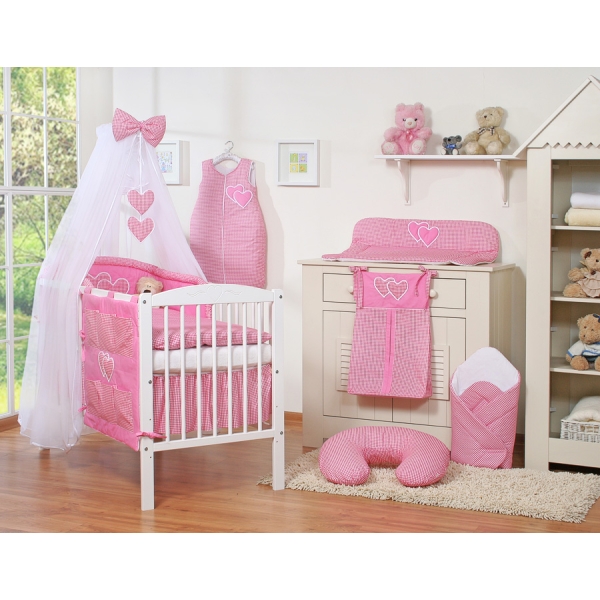Set Lenzuolo Culla con Zanzariera 7 parti Rosa a Scacchi Cuori