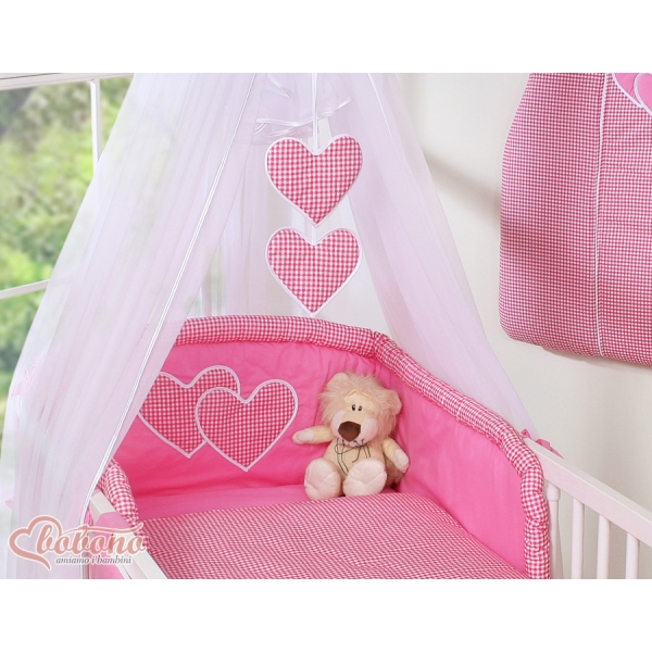 Set Lenzuolo Culla con Zanzariera 7 parti Rosa a Scacchi Cuori