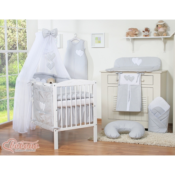 Set Lenzuolo da Lettino con Zanzariera e Paracolpi 11 parti Grigio Cuori