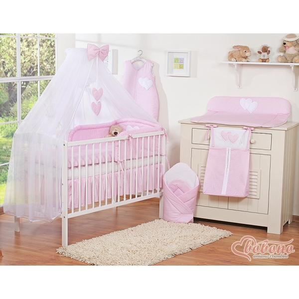 Set Lenzuolo da Lettino con Zanzariera e Paracolpi 11 parti Rosa Pois Bianchi Cuori