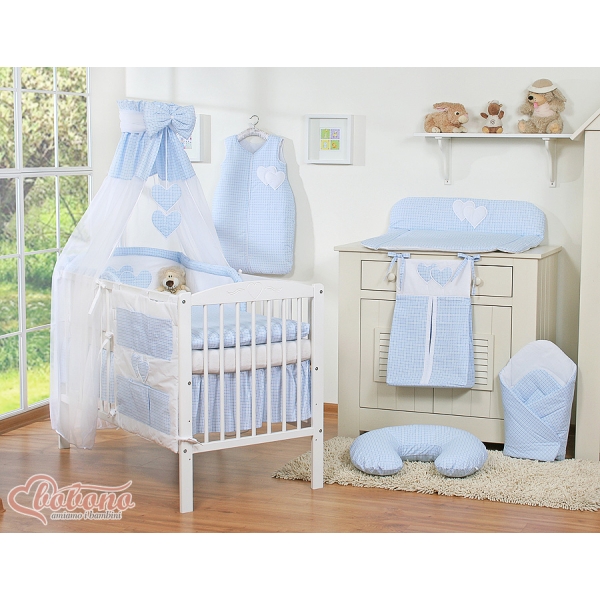 Set Lenzuolo da Letto con Baldacchino e Paracolpi 11 parti Blu a Scacchi Cuori