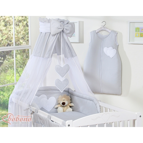 Set Lenzuolo da Letto con Baldacchino e Paracolpi 11 parti Grigio Cuori