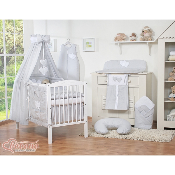 Set Lenzuolo da Letto con Baldacchino e Paracolpi 11 parti Grigio Cuori