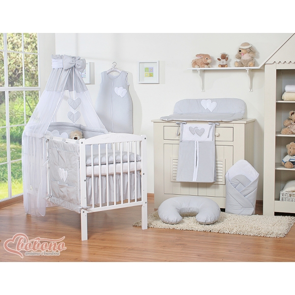 Set Lenzuolo da Letto con Baldacchino e Paracolpi 11 parti Grigio Cuori