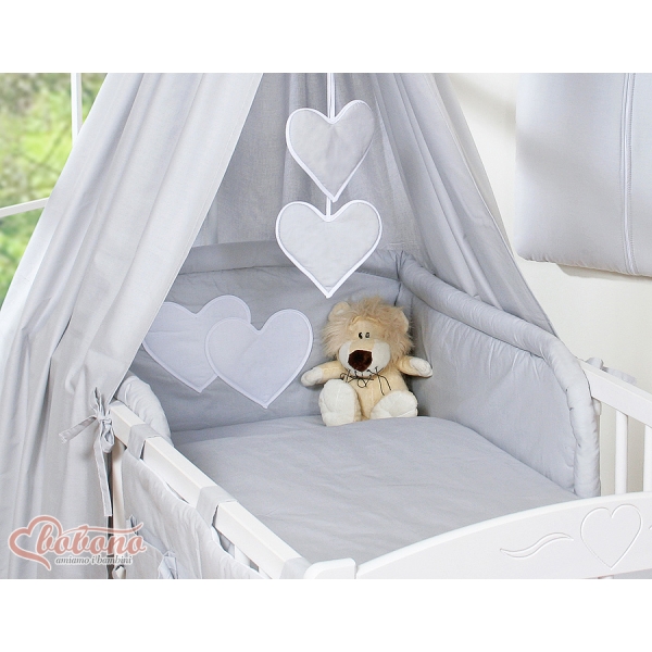Set Lenzuolo da Letto con Baldacchino e Paracolpi 11 parti Grigio Cuori