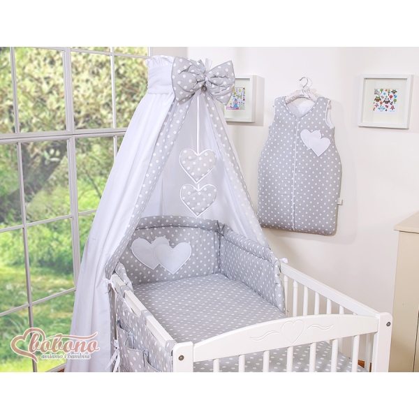 Set Lenzuolo da Letto con Baldacchino e Paracolpi 11 parti Grigio Pois Bianchi Cuori