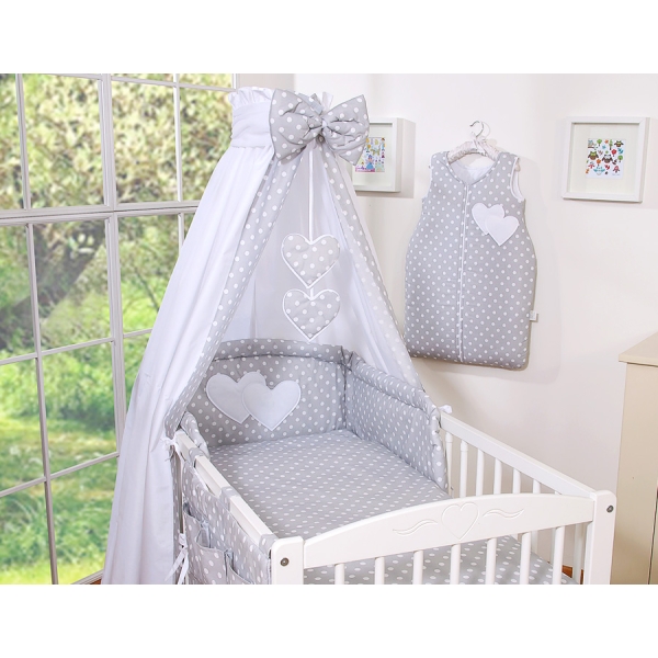 Set Lenzuolo da Letto con Baldacchino e Paracolpi 11 parti Grigio Pois Bianchi Cuori