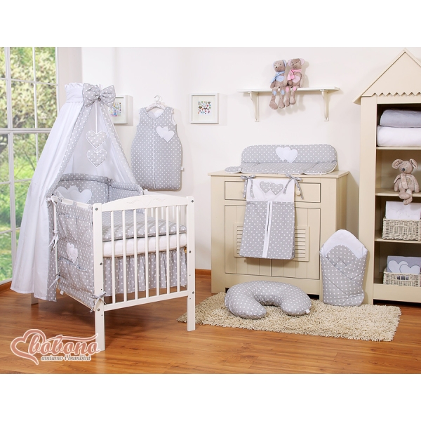 Set Lenzuolo da Letto con Baldacchino e Paracolpi 11 parti Grigio Pois Bianchi Cuori