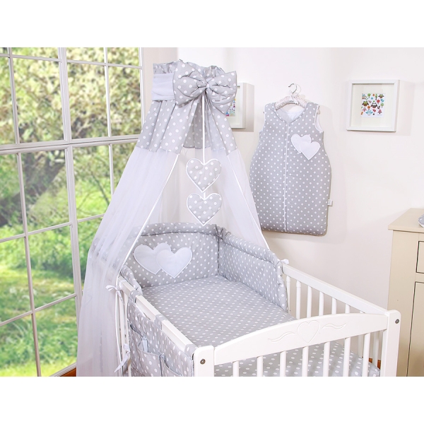Set Lenzuolo da Letto con Baldacchino e Paracolpi 11 parti Grigio Pois Bianchi Cuori