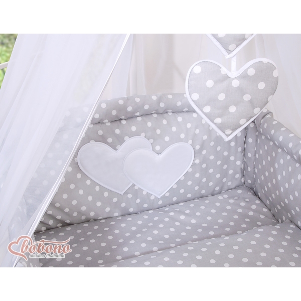 Set Lenzuolo da Letto con Baldacchino e Paracolpi 11 parti Grigio Pois Bianchi Cuori