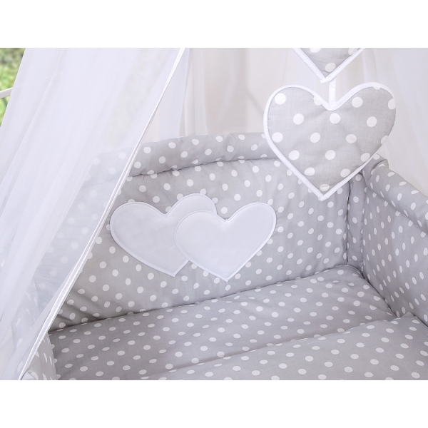 Set Lenzuolo da Letto con Baldacchino e Paracolpi 11 parti Grigio Pois Bianchi Cuori