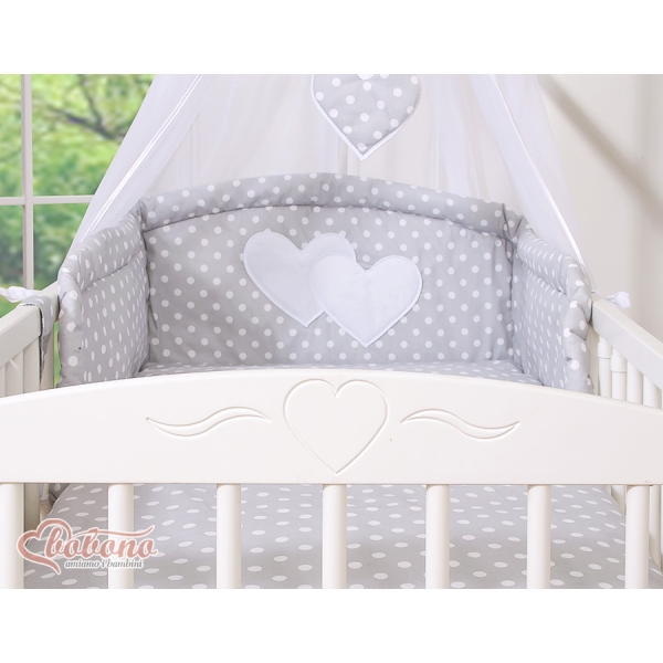 Set Lenzuolo da Letto con Baldacchino e Paracolpi 11 parti Grigio Pois Bianchi Cuori
