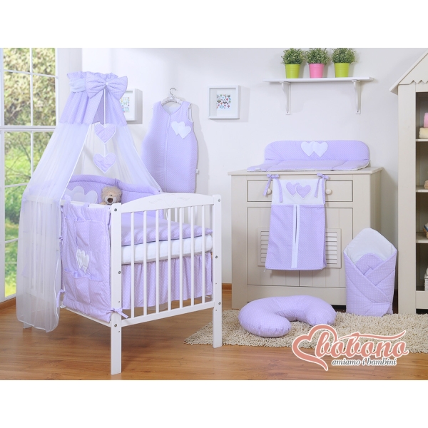 Set Lenzuolo da Letto con Baldacchino e Paracolpi 11 parti Lilla Pois Bianchi Cuori