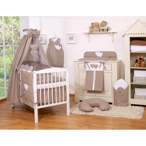 Set Lenzuolo da Letto con Baldacchino e Paracolpi 11 parti Marrone Pois Bianchi Cuori