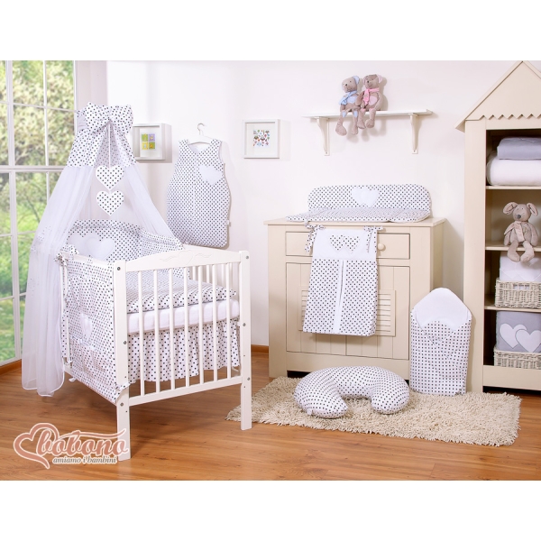 Set Lenzuolo da Letto con Baldacchino e Paracolpi 11 parti Nero Pois Bianchi Cuori