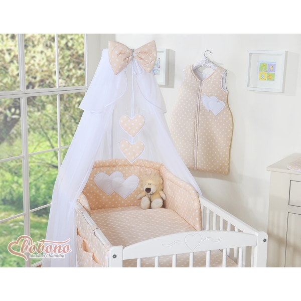 Set Lenzuolo da Letto con Zanzariera e Paracolpi 11 parti Beige Pois Bianchi Cuori