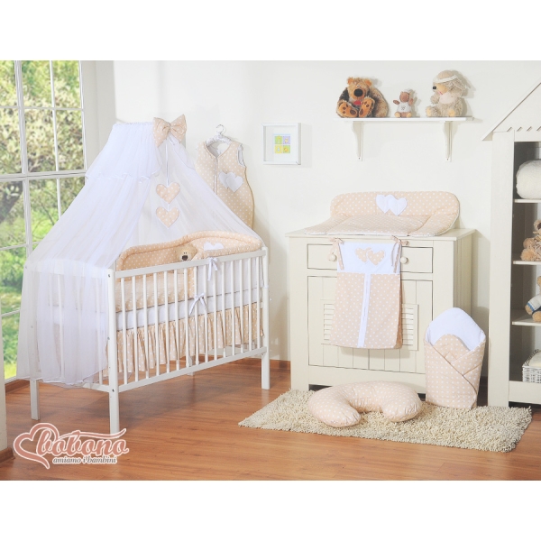 Set Lenzuolo da Letto con Zanzariera e Paracolpi 11 parti Beige Pois Bianchi Cuori