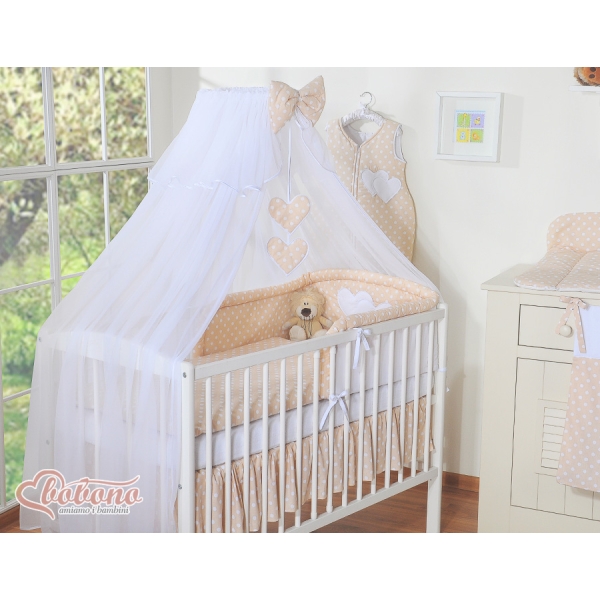 Set Lenzuolo da Letto con Zanzariera e Paracolpi 11 parti Beige Pois Bianchi Cuori