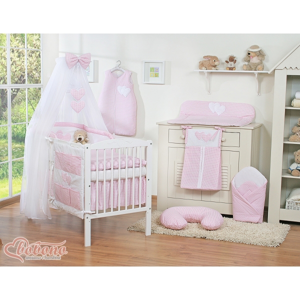 Set Lenzuolo da Letto con Zanzariera e Paracolpi 11 parti Rosa a Scacchi Cuori