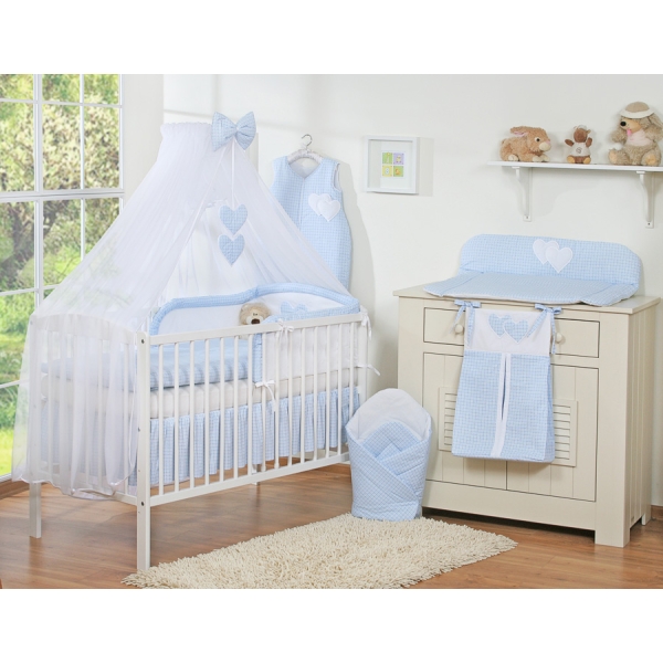 Set Lenzuolo per Neonato 5 parti Blu a Scacchi Cuori