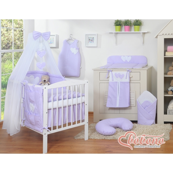 Set Lenzuolo per Neonato 5 parti Lilla Pois Bianchi Cuori