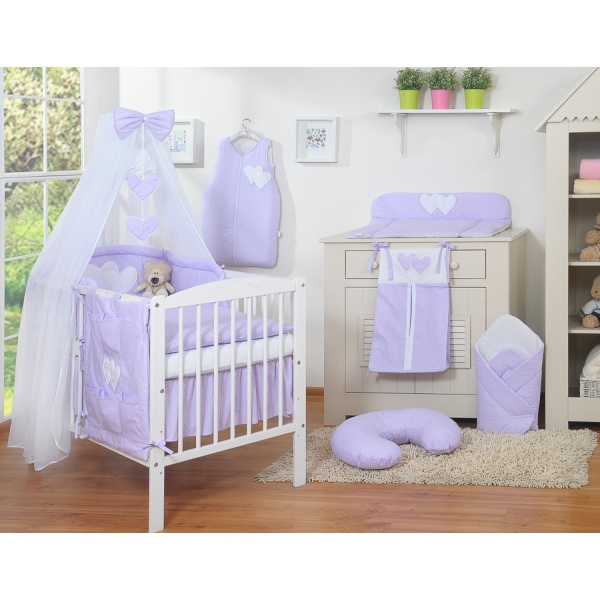 Set Lenzuolo per Neonato 5 parti Lilla Pois Bianchi Cuori