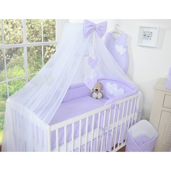 Set Lenzuolo per Neonato 5 parti Lilla Pois Bianchi Cuori