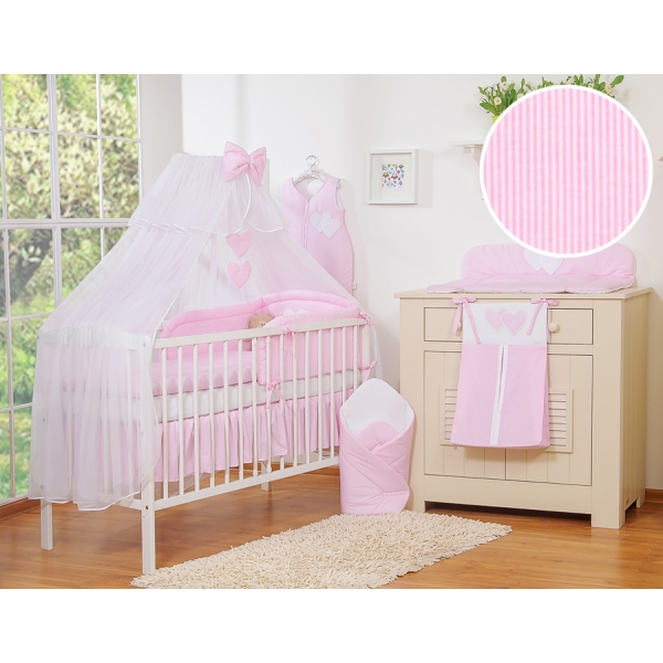 Set Lenzuolo per Neonato 5 parti Rosa a Strisce Cuori