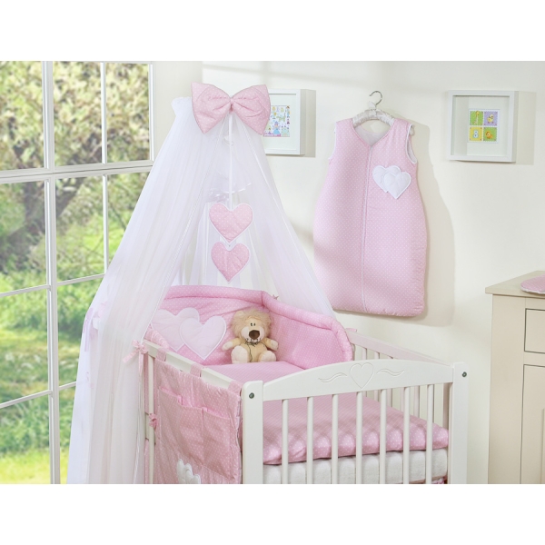 Set Lenzuolo per Neonato 5 parti Rosa Pois Bianchi Cuori