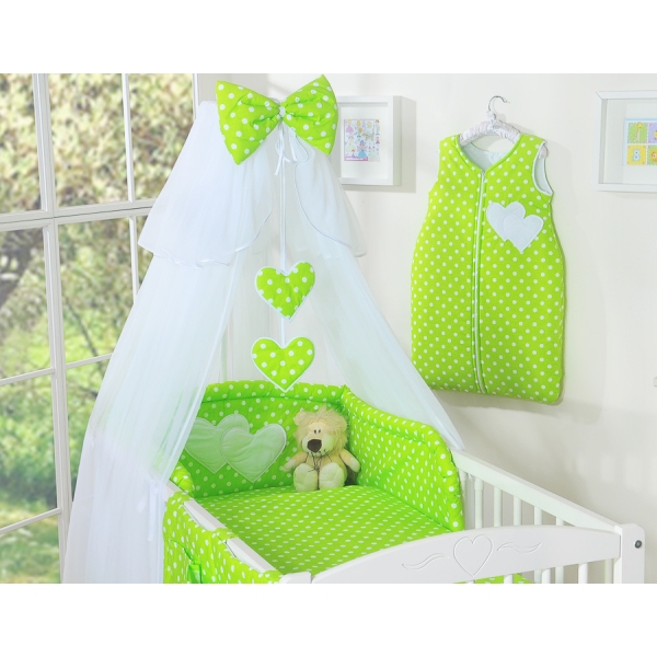Set Lenzuolo per Neonato 5 parti Verde Pois Bianchi Cuori