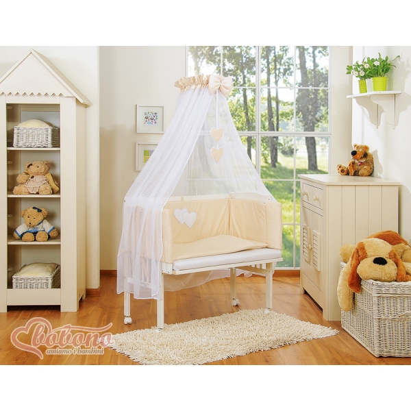 Set Lettino Aperto con Materassino e Biancheria Beige Pois Bianchi Cuori