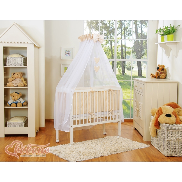 Set Lettino Aperto con Materassino e Biancheria Beige Pois Bianchi Cuori