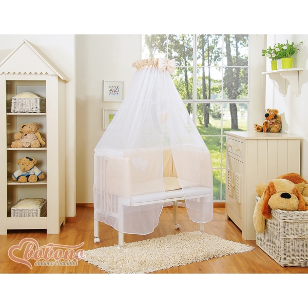 Set Lettino Aperto con Materassino e Biancheria Beige Pois Bianchi Cuori